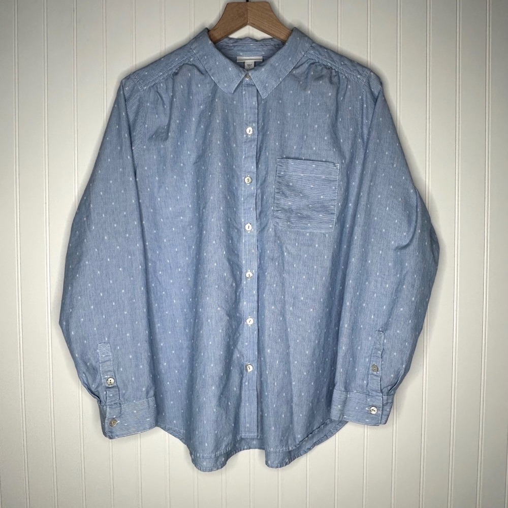 J. Jill Womens Button Down Shirt Size L Blue Pinstripe Embroidered Cotton